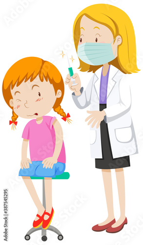 Doctor injecting flu vaccine for girl cartoon character