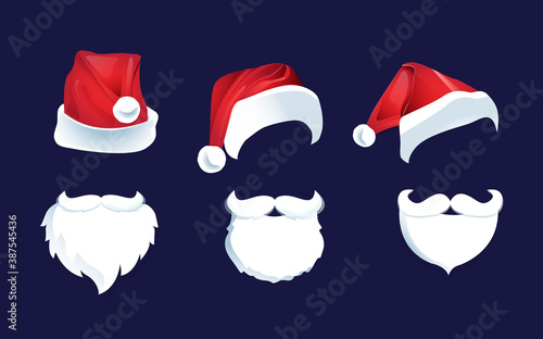 Santa Claus hat and beard. Red Merry Christmas Card Illustration