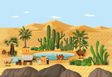 Desert oasis with palms and catus nature landscape scene