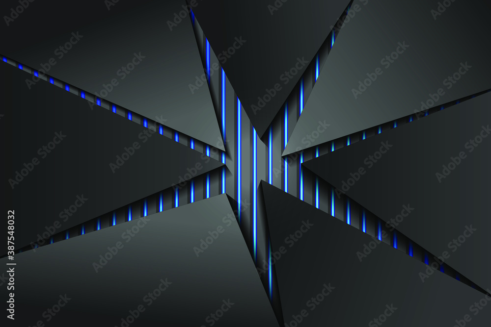 Dark abstract background. Sharp pieces of broken plastic and background with neon lighting. Vector EPS10