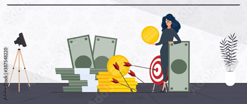 Woman and a mountain of money. The girl stands near gold coins and large dollar bills. A bundle of money. The concept of a successful business, earnings and wealth.  Vector.