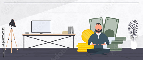 The man is meditating on the background of money.
Business man doing yoga. Large stack of dollars and gold coins. Vector.