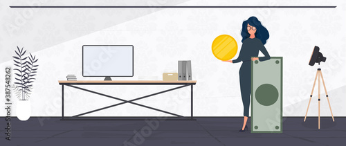 The girl is holding a dollar. Woman with a gold coin in her hands. The concept of earning and successful business. Vector.