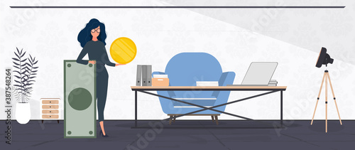 The girl is holding a dollar. Woman with a gold coin in her hands. The concept of earning and successful business. Vector.