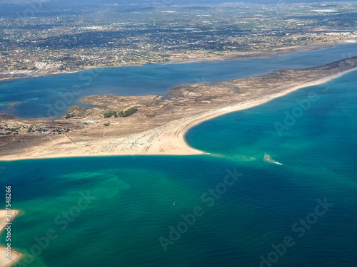 Aerial view of the beautiful Algarve coast in Portugal seen on a flight to Faro