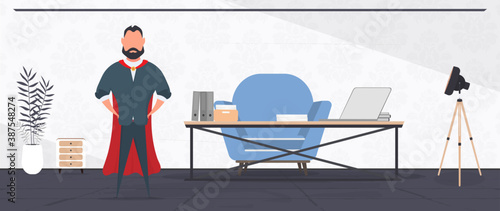 Director with a red cloak in the office. Businessman with a red raincoat. Loft-style room. Bright room. Workplace. Table with laptop, books and documents. Flower in a pot, wooden cabinet. Vector.