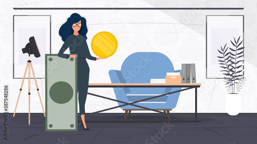 The girl is holding a dollar. Woman with a gold coin in her hands. The concept of earning and successful business. Vector.