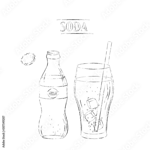 Light sketch drawing of open soda bottle and glass with straw