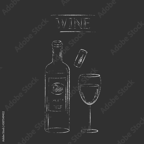 Vector chalk illustration of wine bottle, wine glass and cork