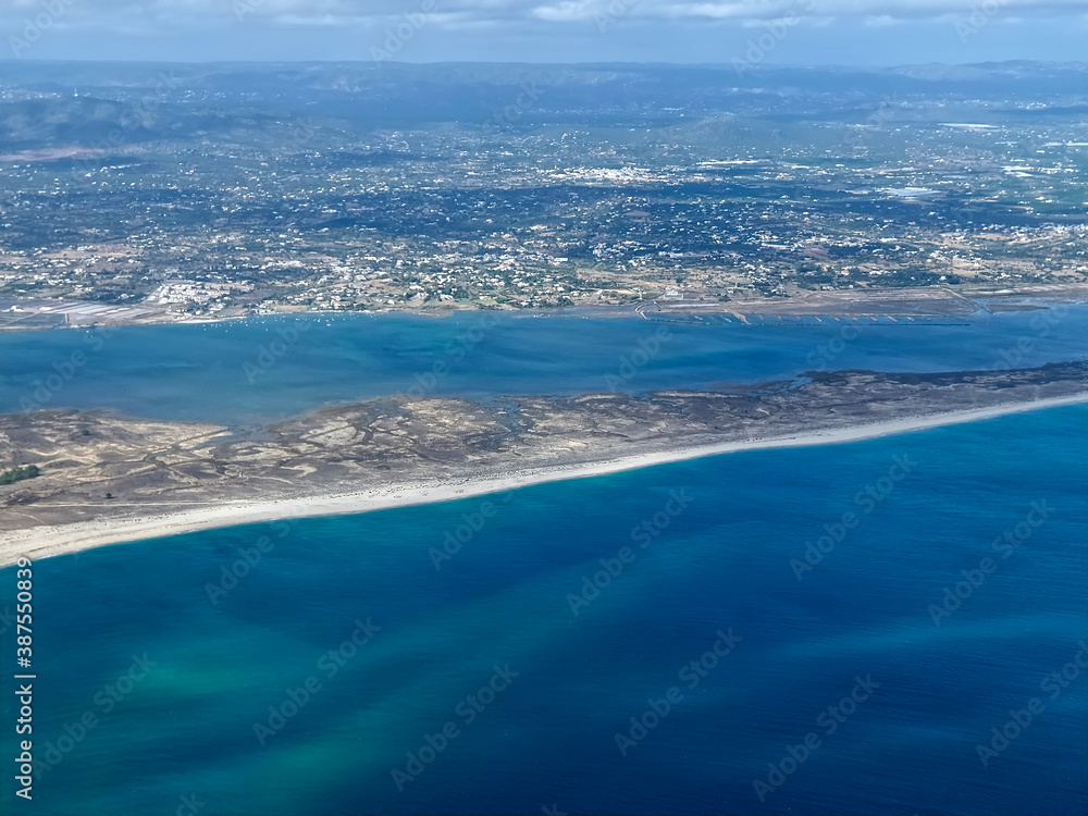 Aerial view of the beautiful Algarve coast in Portugal seen on a flight to Faro