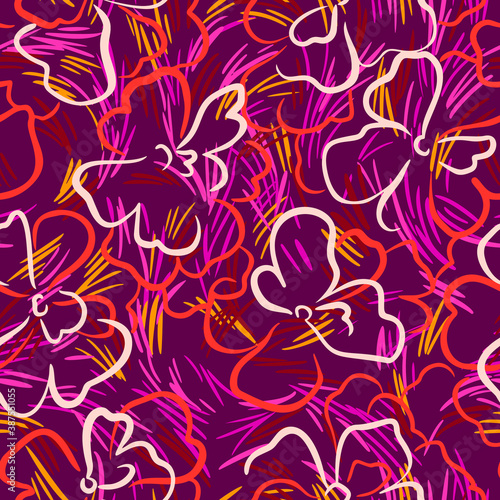 Floral seamless pattern. Summer nature botanical background. Large daisy flowers mixed with geometric curved dashed lines texture. Outline contour drawing. Good for textile and fabric.