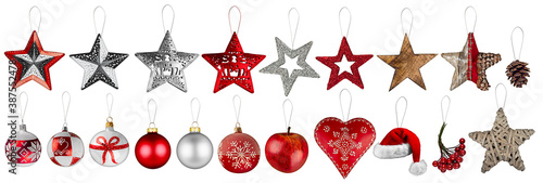 Set collection of red silver and white christmas tree decoration.  Traditional retro bauble star and heart shaped xmas ornaments objects santa hat isolated background