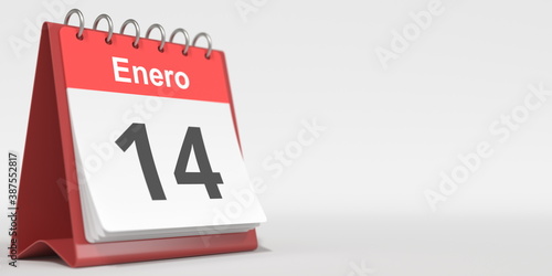 January 14 date written in Spanish on the flip calendar, 3d rendering