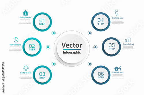 Modern vector infographic template with 6 steps for business. Can be used for workflow layout, diagram, annual report, web design