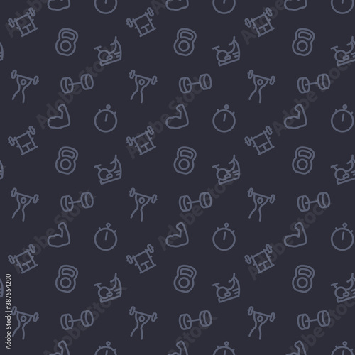 fitness, gym pattern, dark seamless background with line icons