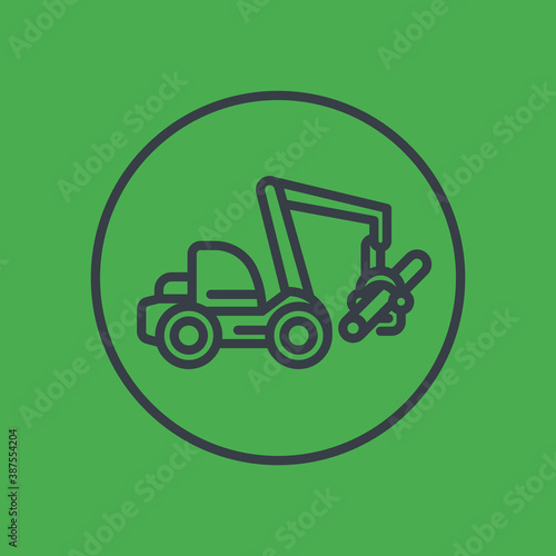 Forest harvester line icon in circle, wheeled feller buncher, timber harvesting machine