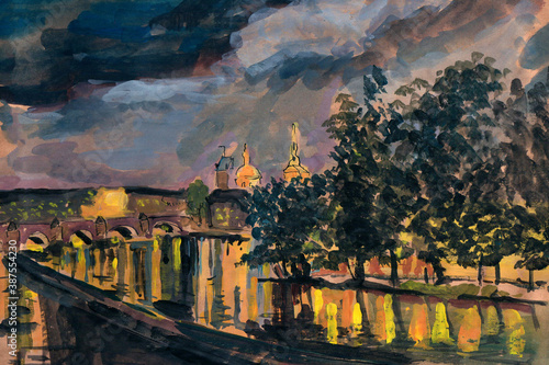 Night view of Prague illustration in gouache, hand artwork, background.