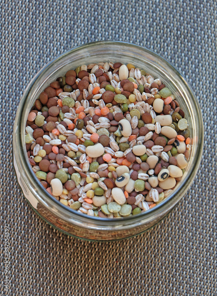 Organic lentils mix in glass jar Organic lentils mix in glass jar