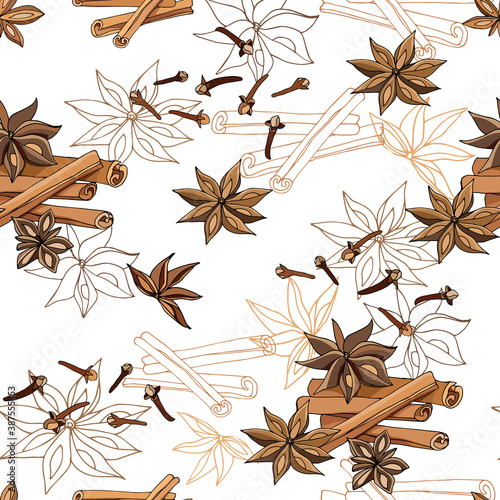 Cinnamon sticks and star anise on a white background. Seamless coffee pattern, vector illustration of spices for tea and coffee.
