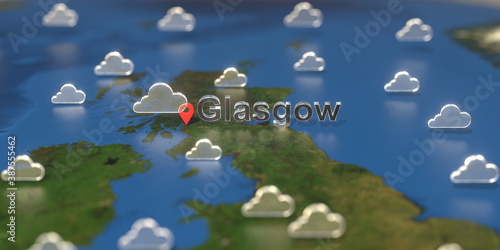 Glasgow city and cloudy weather icon on the map, weather forecast related 3D rendering