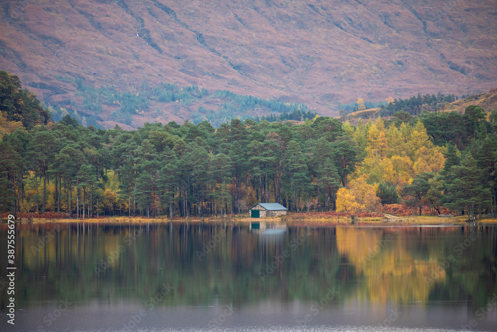 loch clair, torridon, reflection of the surrounding pine trees in autumn foliage.