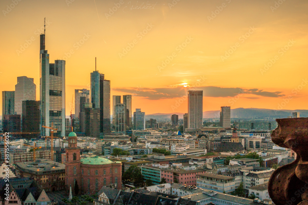 Outlook in Frankfurt. Great views of high-rise buildings and skyscrapers in the evening and at sunset. Great atmosphere in a mega city
