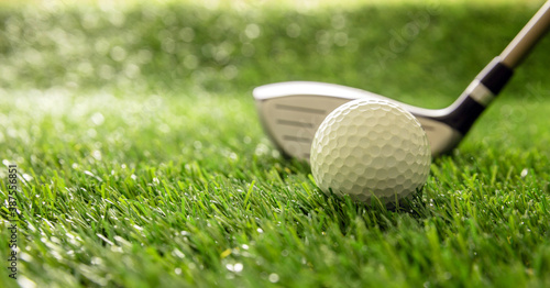Golf stick and ball on green grass golf course, close up view.