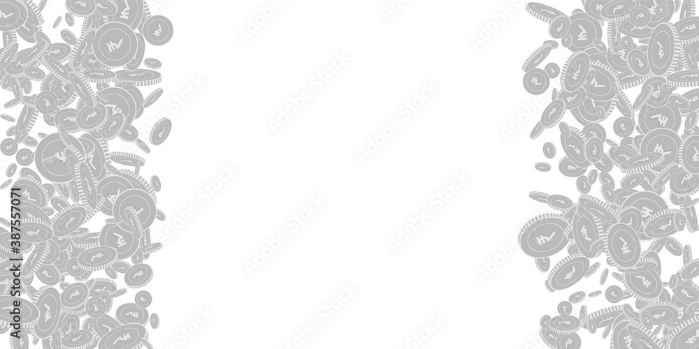 Fototapeta premium Indian rupee coins falling. Scattered black and wh