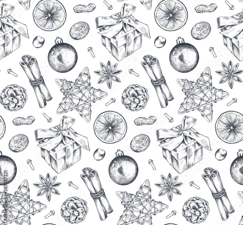 Seamless pattern with Christmas spices and citrus fruit. Hand drawn sketch vector illustration