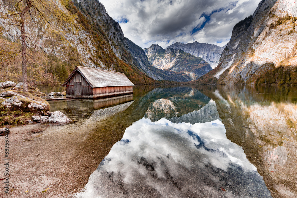 Boat house at the Obersee in Berchtesgadener Land, Bavaria, Germany.