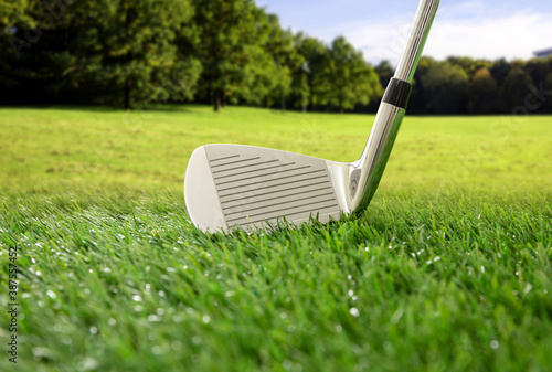 Golf stick on green grass golf course, close up view.