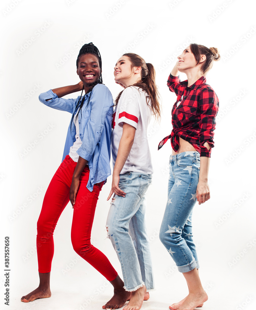 Fototapeta premium diverse nation girls group, teenage friends company cheerful having fun, happy smiling, cute posing isolated on white background, lifestyle people concept