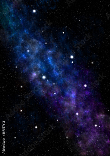 Milky night sky with stars and nebula. Blue and purple starry sky background.