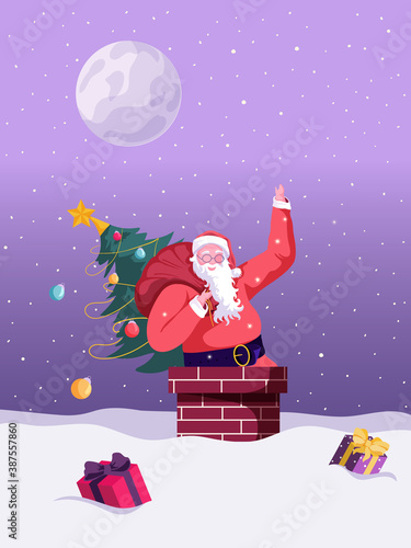 Santa Claus with the bag and tree in the chimney at night. Wrapped gifts lying around in the snow. Flat cartoon style. Colorful vector illustration on a purple background.