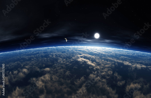 Fototapeta Naklejka Na Ścianę i Meble -  Earth view from low orbit, sunrise over the earth, 3d rendering