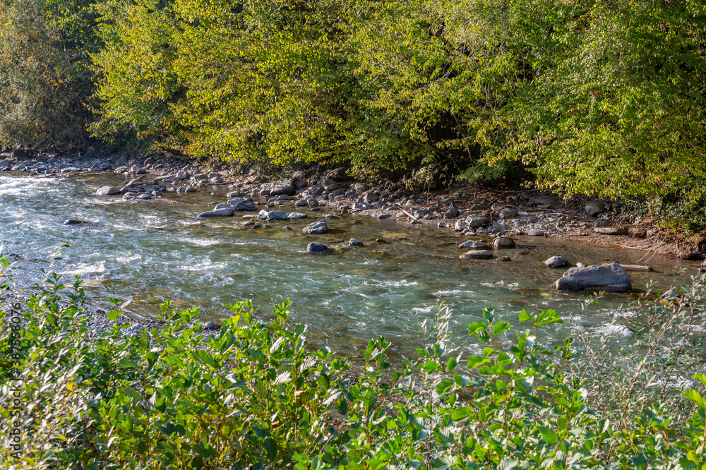 Strong water flow of a mountain river near a rocky shore Strong water flow of a mountain river near a rocky shore