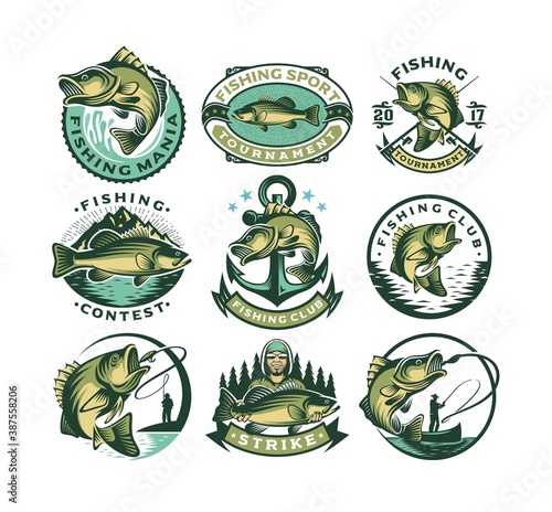 Set of vintage bass fishing labels, logo badges and design elements