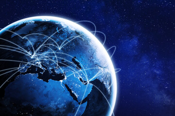 Connections around planet Earth viewed from space at night, cities connected around the globe by shiny lines, international travel or global business finance, world connectivity, elements from NASA