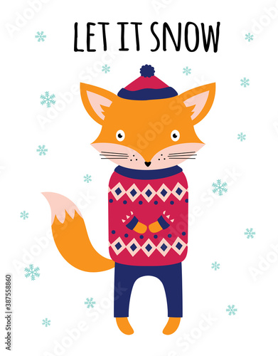 winter card with cute fox isolated on white