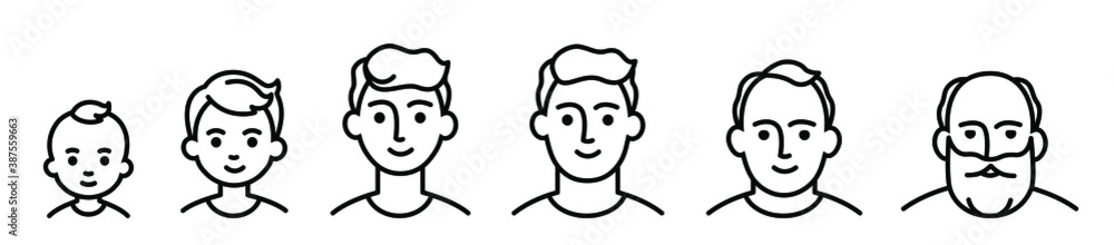 Portrait of a males at different ages, preschooler kid 1-5 years old, primary school age 6-9, senior school age 10-14, 15-18, young man 19-30, average 40-50, elderly 60-80. black and white icon Portrait of a males at different ages, preschooler kid 1-5 years old, primary school age 6-9, senior school age 10-14, 15-18, young man 19-30, average 40-50, elderly 60-80. black and white icon