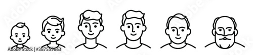 Portrait of a males at different ages, preschooler kid 1-5 years old, primary school age 6-9, senior school age 10-14, 15-18, young man 19-30, average 40-50, elderly 60-80. black and white icon