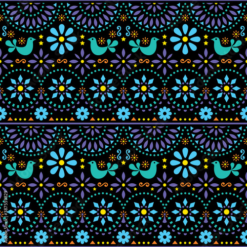 Mexican folk art vector seamless geometric pattern with flowers, fiesta design inspired by traditional art form Mexico in green and blue on black background
 