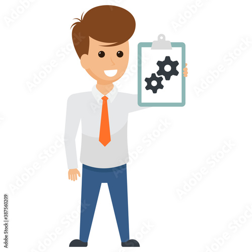 An executive avatar holding a chart showing management and strategies regarding his business.