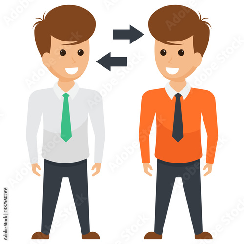 
Two employers avatars standing casually and making dialogues depicting the conversation process.
