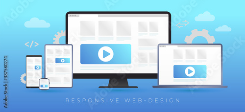 Responsive Website Design vector concept. Flat design in trendy color, seo concept with gadgets - desktop computer, laptop, tablet pc, mobile phone and smart watch. Cross platform web site development