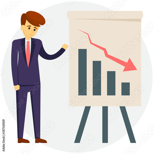 
Businessman with decreasing graph represents the concept of businessman in loss 
