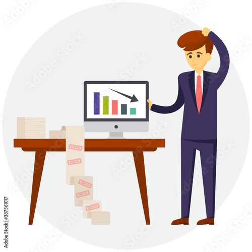 
Businessman with decreasing graph represents the concept of businessman in loss 
