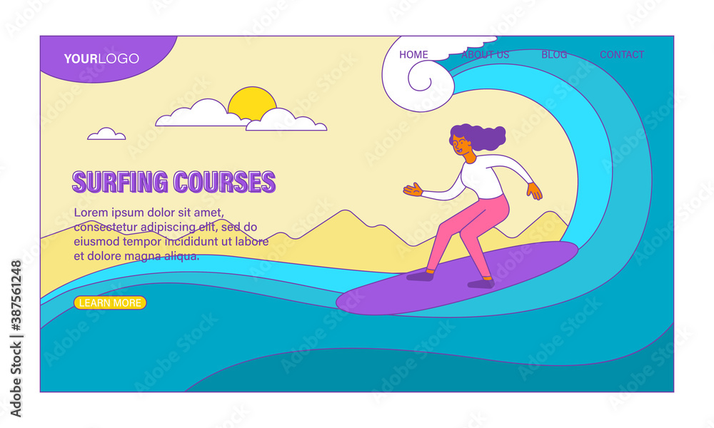 Surfing courses vector concept. Flat cartoon vector illustration. Web page, website or landing page template.