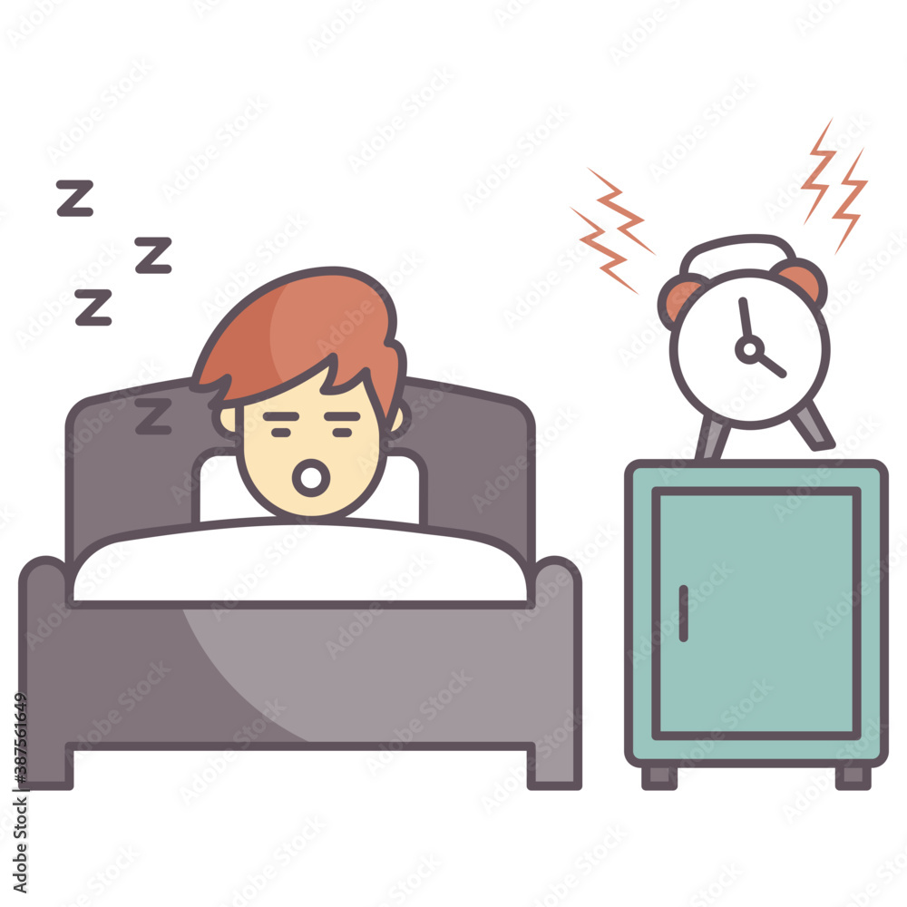 
A sleeping man in bedroom and morning alarm is ringing, wake-up time concept 
