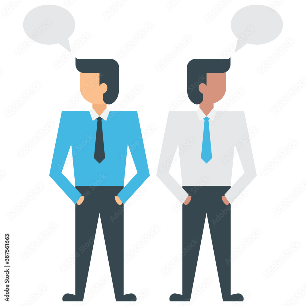 
Two human avatars in different colored official dresses showing gestures of talking and sharing ideas
